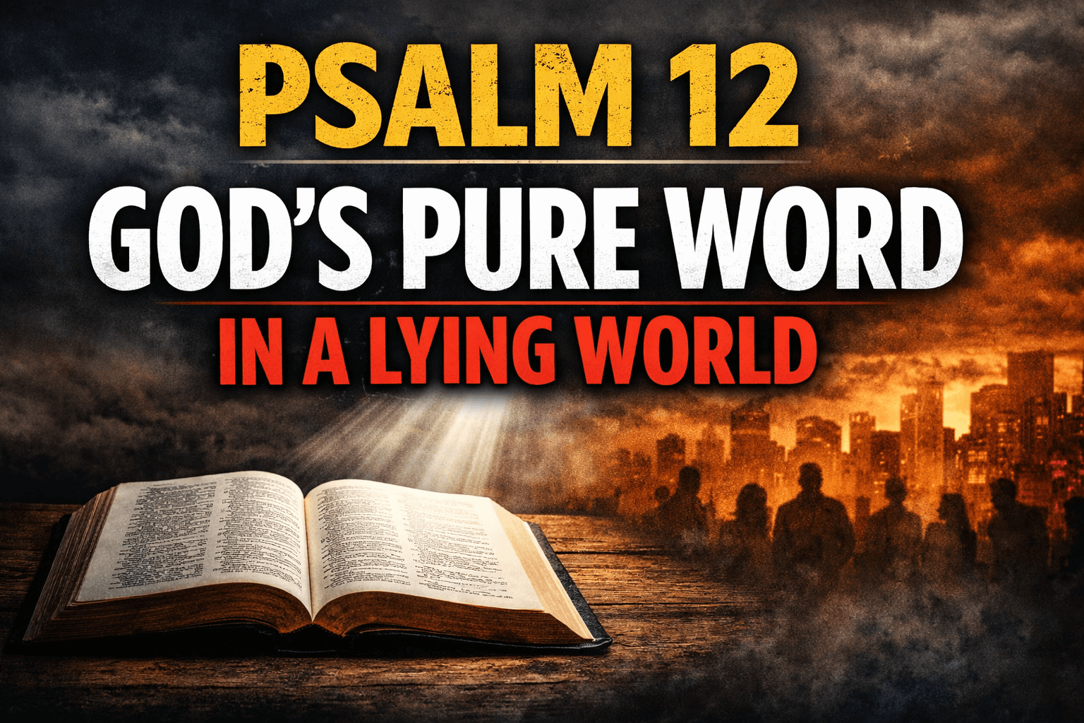 Thumbnail for Reading the Bible Daily with Dave on Psalm 12 showing an open Bible under a beam of light with bold text reading “Psalm 12 — God’s Pure Word in a Lying World” against a dark city background.