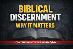 Thumbnail graphic with an open Bible on a dark textured background and bold yellow and white text reading “Biblical Discernment — Why It Matters,” with a red banner at the bottom labeled “Contending for the Word Q&A.