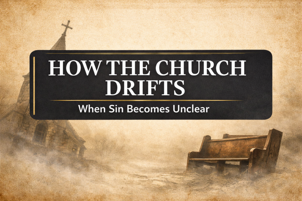 YouTube thumbnail reading “How the Church Drifts — When Sin Becomes Unclear” with bold white text on a dark charcoal banner over a parchment-style background, featuring a leaning church steeple and an empty pew in mist, illustrating doctrinal drift and loss of biblical clarity.