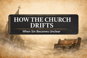 YouTube thumbnail reading “How the Church Drifts — When Sin Becomes Unclear” with bold white text on a dark charcoal banner over a parchment-style background, featuring a leaning church steeple and an empty pew in mist, illustrating doctrinal drift and loss of biblical clarity.