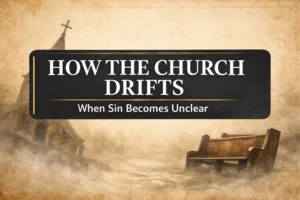 YouTube thumbnail reading “How the Church Drifts — When Sin Becomes Unclear” with bold white text on a dark charcoal banner over a parchment-style background, featuring a leaning church steeple and an empty pew in mist, illustrating doctrinal drift and loss of biblical clarity.