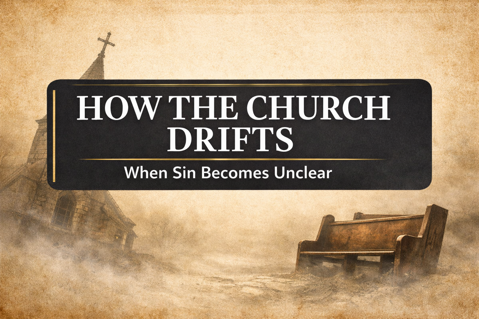 YouTube thumbnail reading “How the Church Drifts — When Sin Becomes Unclear” with bold white text on a dark charcoal banner over a parchment-style background, featuring a leaning church steeple and an empty pew in mist, illustrating doctrinal drift and loss of biblical clarity.