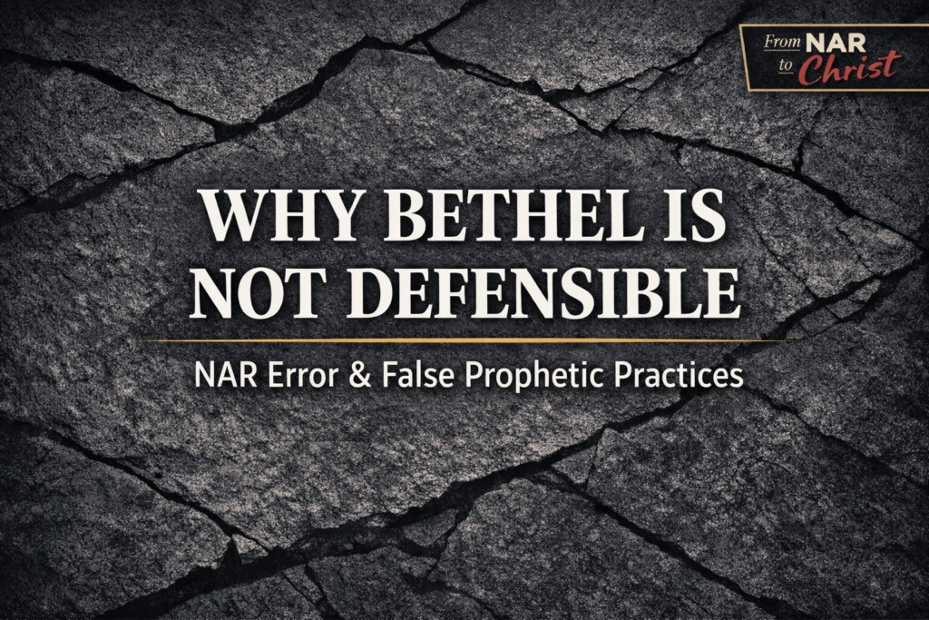 YouTube thumbnail reading “Why Bethel Is Not Defensible — NAR Error & False Prophetic Practices” over a dark cracked stone background with a From NAR to Christ badge in the corner.