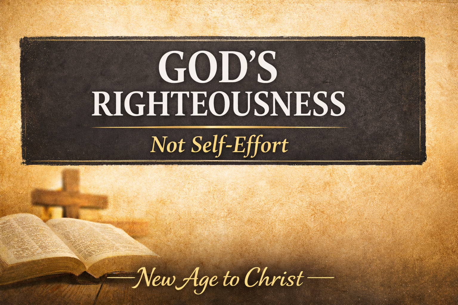 Thumbnail for New Age to Christ episode on God’s righteousness, featuring bold text “God’s Righteousness — Not Self-Effort” over a parchment-style background with an open Bible and cross.