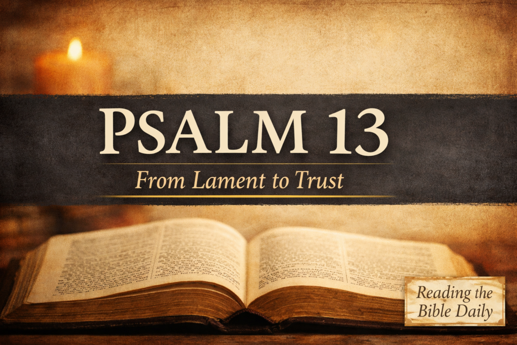 Psalm 13 — Honest Lament and Confident Trust in God’s Steadfast Love 1 Psalm 13 Bible study thumbnail featuring an open Bible and candle on a warm parchment background with the title “PSALM 13 — From Lament to Trust” and a Reading the Bible Daily devotional label.