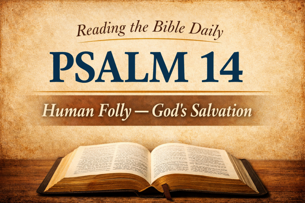 Psalm 14 — The Folly of Unbelief and the Hope of God’s Salvation 1 Thumbnail for Reading the Bible Daily with Dave showing an open Bible on a wooden table with a parchment-style background and the text “Reading the Bible Daily — Psalm 14 — Human Folly — God’s Salvation.”