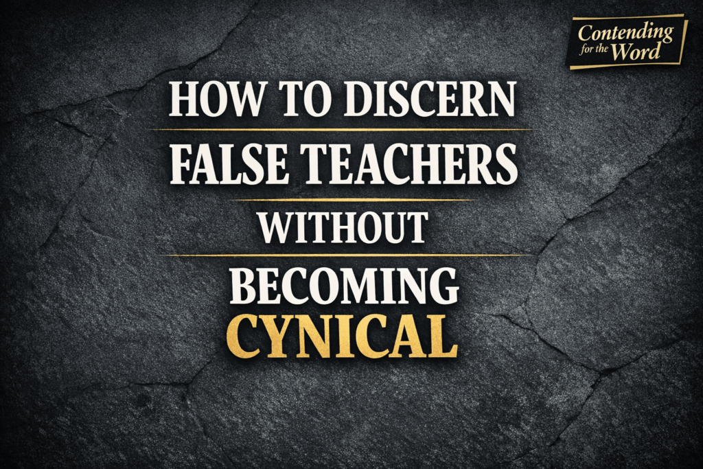 Thumbnail for Contending for the Word episode titled “How to Discern False Teachers Without Becoming Cynical” with bold white and gold text on a dark textured background.