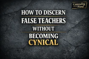 Thumbnail for Contending for the Word episode titled “How to Discern False Teachers Without Becoming Cynical” with bold white and gold text on a dark textured background.