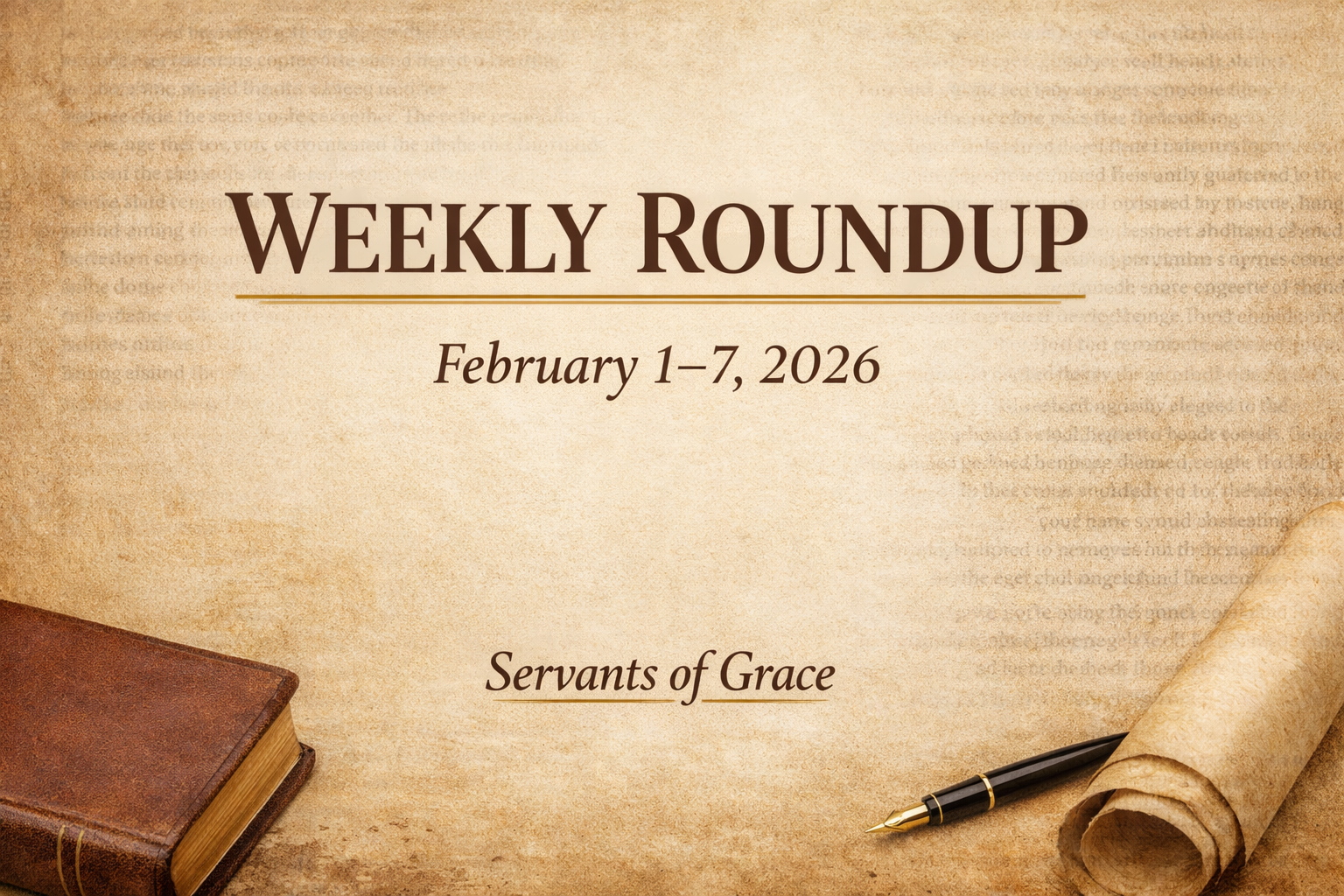 Servants of Grace Weekly Roundup graphic for February 1–7, 2026, on a warm parchment background with centered title and ministry name.