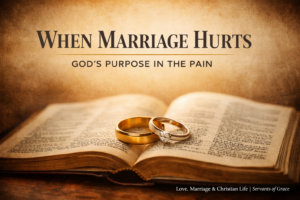 Christian marriage article thumbnail showing wedding rings resting on an open Bible with the title “When Marriage Hurts: God’s Purpose in the Pain” and Servants of Grace series branding.