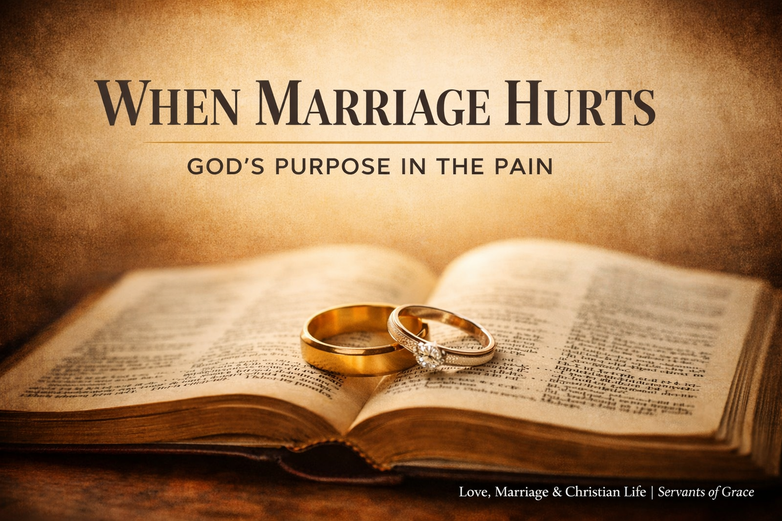 Christian marriage article thumbnail showing wedding rings resting on an open Bible with the title “When Marriage Hurts: God’s Purpose in the Pain” and Servants of Grace series branding.
