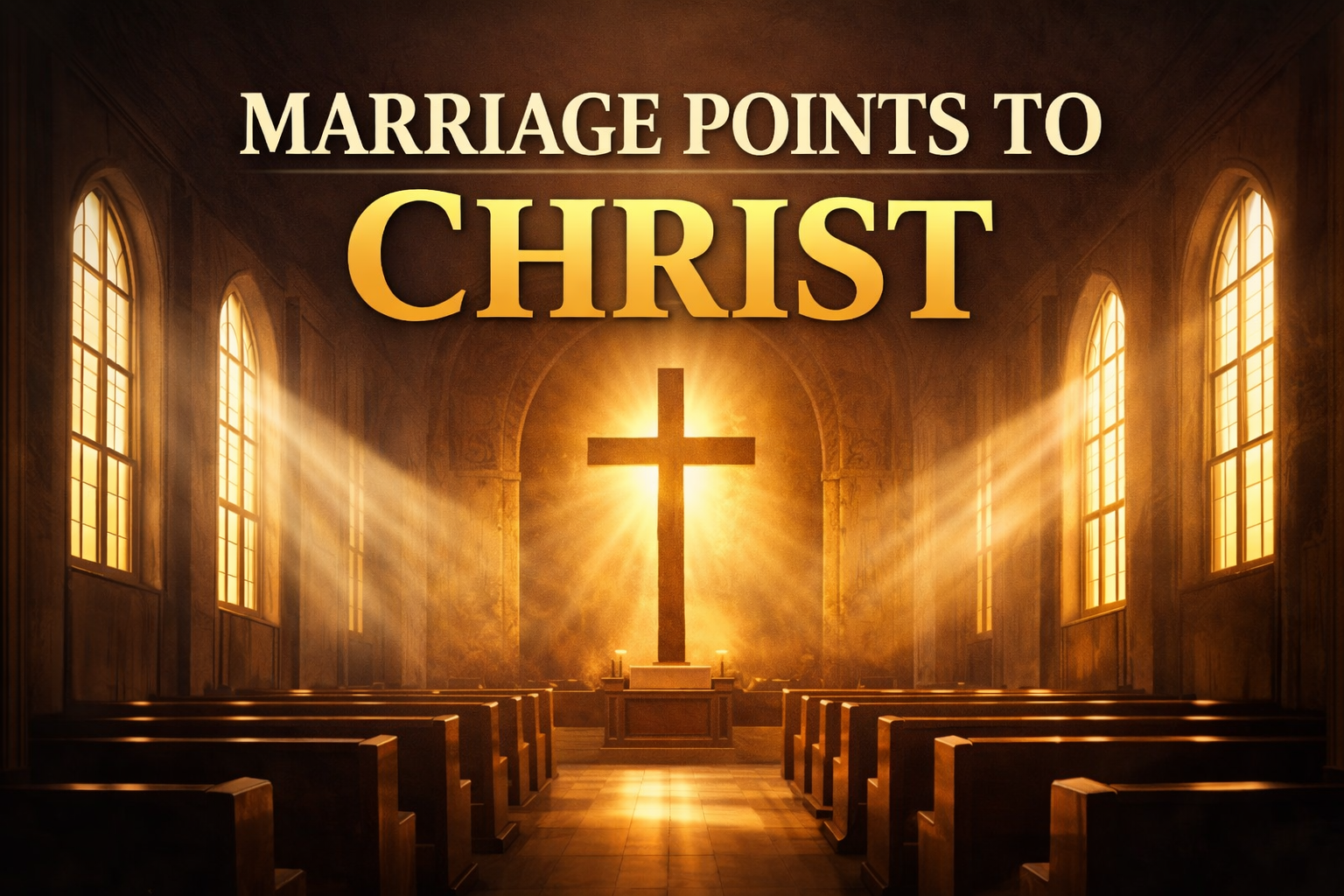 Church sanctuary interior with sunlight streaming through windows onto a large central cross and wooden pews, with the text “Marriage Points to Christ” displayed above — thumbnail for a Christian article on biblical marriage and Ephesians 5.