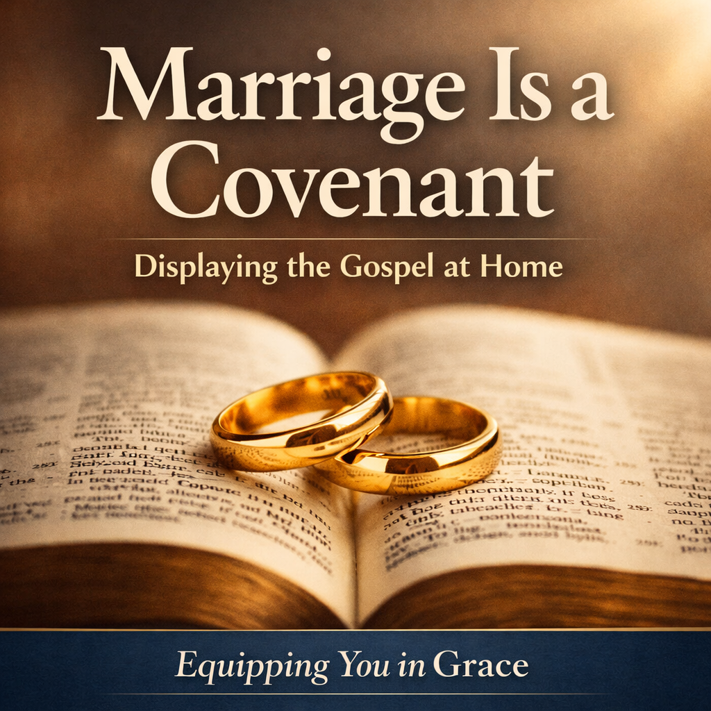 Marriage Is a Covenant podcast episode thumbnail showing two gold wedding rings resting on an open Bible with warm light, titled “Marriage Is a Covenant: Displaying the Gospel in the Home” for Equipping You in Grace.