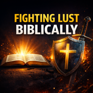 Bold YouTube thumbnail with the text “FIGHTING LUST BIBLICALLY” above a glowing open Bible and a shield with a cross and sword, symbolizing spiritual warfare and biblical purity against a dark, fiery background.