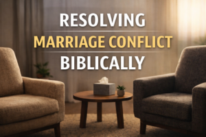 Resolving marriage conflict biblically thumbnail showing two chairs facing each other with a small table between them and the title text overlay in a warm, calm setting