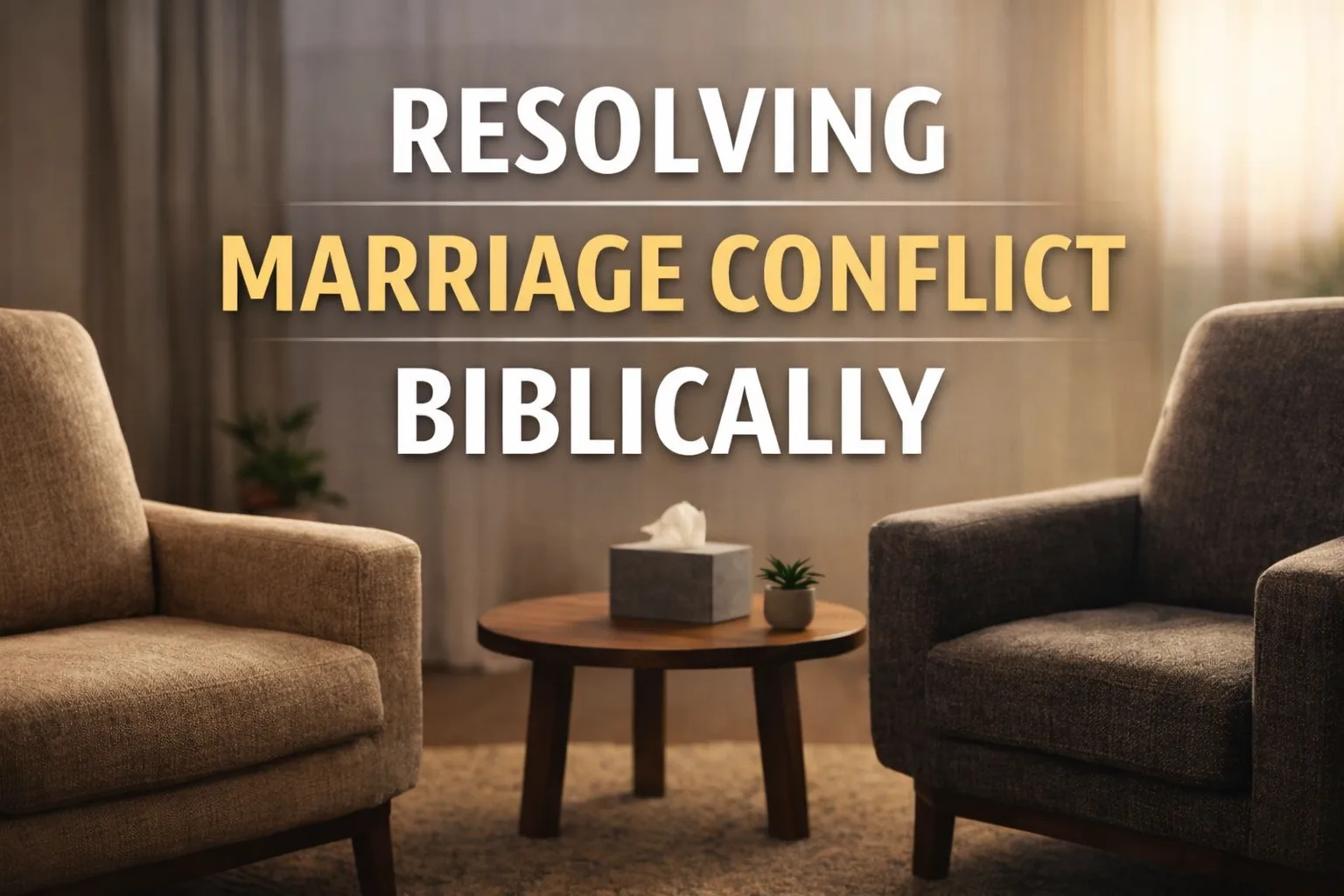 Resolving marriage conflict biblically thumbnail showing two chairs facing each other with a small table between them and the title text overlay in a warm, calm setting