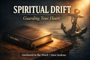 A closed Holy Bible resting on a wooden table with warm light, an anchor in the background over calm water, and the text ‘Spiritual Drift – Guarding Your Heart,’ representing biblical stability and vigilance in the Christian life.