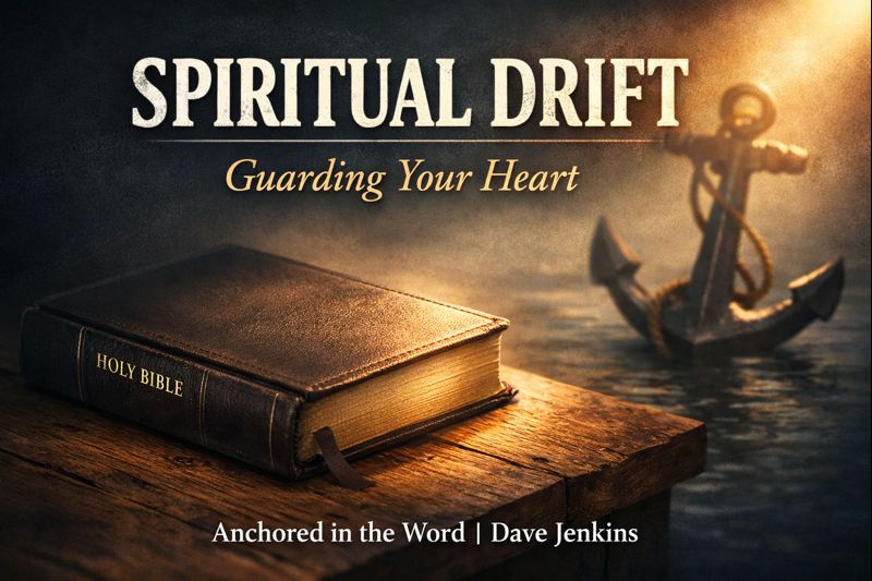 A closed Holy Bible resting on a wooden table with warm light, an anchor in the background over calm water, and the text ‘Spiritual Drift – Guarding Your Heart,’ representing biblical stability and vigilance in the Christian life.