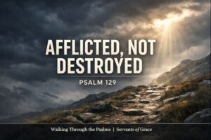 Stormy mountain path with light breaking through dark clouds, symbolizing endurance and hope, with the text “Afflicted, Not Destroyed – Psalm 129” for the Walking Through the Psalms series by Servants of Grace.