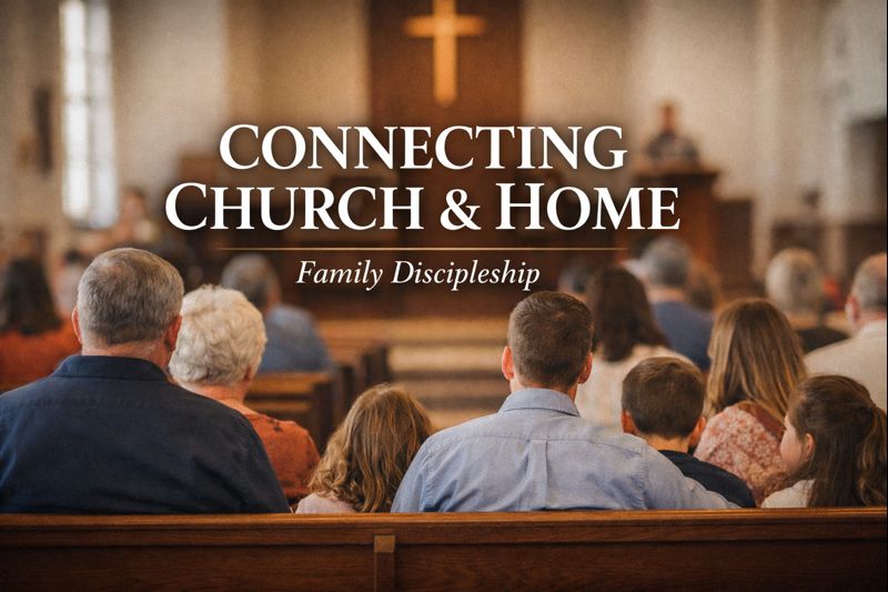Multigenerational families seated together in church pews during worship, illustrating the connection between church and home in family discipleship.