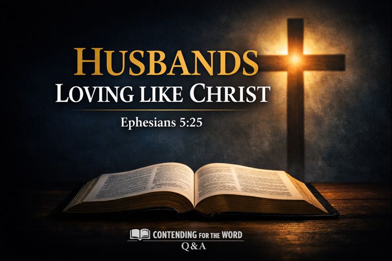Thumbnail for Contending for the Word Q&A featuring an open Bible and a glowing cross, with the text “Husbands Loving Like Christ – Ephesians 5:25.