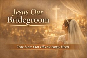 Illustration of a bride facing a softly lit cross, symbolizing the biblical truth of Christ as the Bridegroom and the believer as the Bride of Christ.