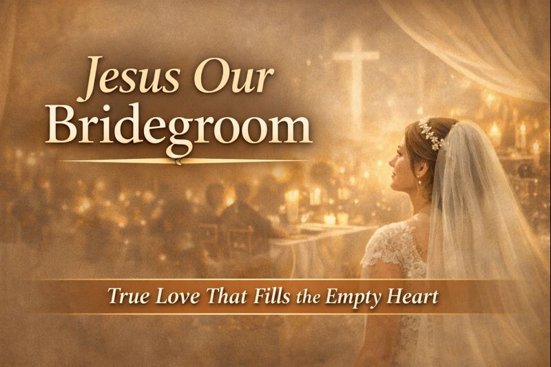 Illustration of a bride facing a softly lit cross, symbolizing the biblical truth of Christ as the Bridegroom and the believer as the Bride of Christ.