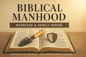 An open Bible with a small garden trowel and a shield resting on its pages, symbolizing God’s call for men to cultivate and guard (Genesis 2:15). Warm golden lighting and soft tones emphasize biblical manhood as faithful stewardship and servant leadership