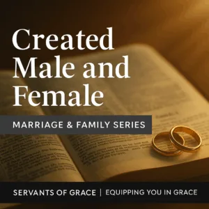 Open Bible in warm light with two interlocking gold wedding rings, symbolizing God’s design for marriage, titled “Created Male and Female” from the Marriage and Family series by Servants of Grace.