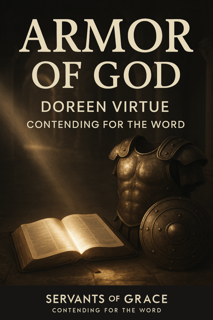 Armor of God, Biblical Spiritual Warfare with Doreen Virtue 1 Overlay text: Armor of God Sub-line: Doreen Virtue | Contending for the Word Visual: A Roman-era cuirass and shield resting beside an open Bible, a beam of light falling across the page, subtle backdrop of Ephesus-style archways. Alt text: “Open Bible with light across the page beside a shield and breastplate, symbolizing the Armor of God from Ephesians 6.” Design notes: High contrast, large type, safe margins, light text on darker background; place host logo strip at bottom: “Servants of Grace | Contending for the Word”.