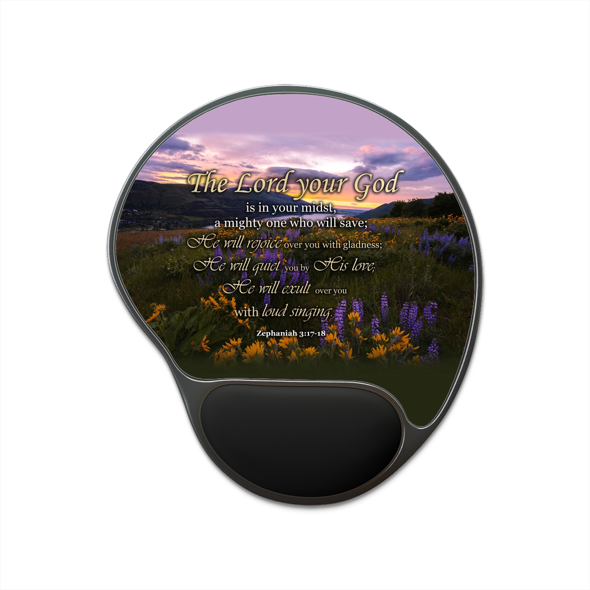 Zephaniah 3:17-18 – Mountain Meadow Sunset – Mouse Pad With Wrist Rest