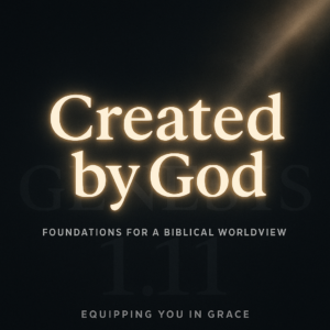 Dark background thumbnail with glowing text ‘Created by God – Foundations for a Biblical Worldview,’ light breaking through darkness representing Genesis 1, with Equipping You in Grace branding at the bottom.