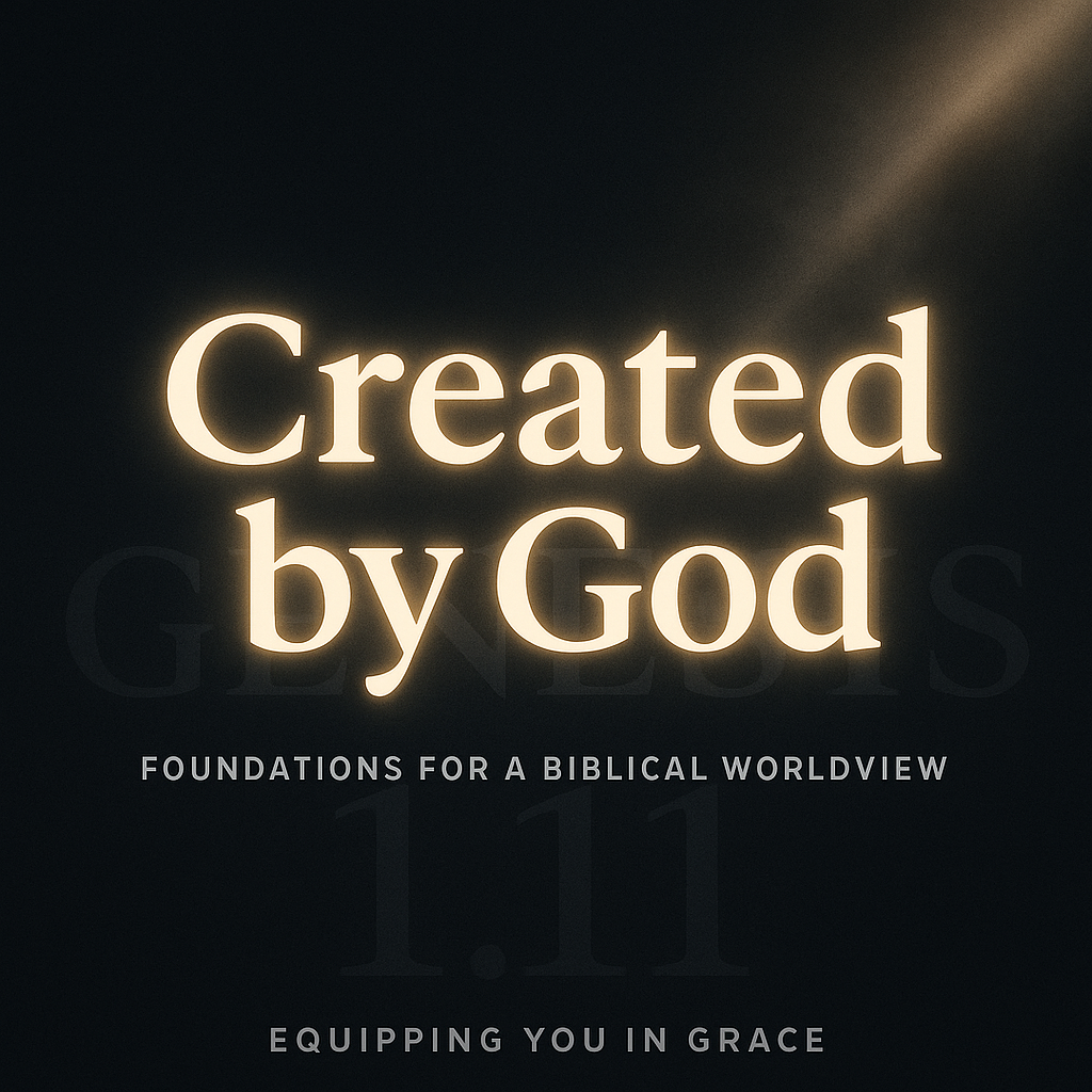 Dark background thumbnail with glowing text ‘Created by God – Foundations for a Biblical Worldview,’ light breaking through darkness representing Genesis 1, with Equipping You in Grace branding at the bottom.