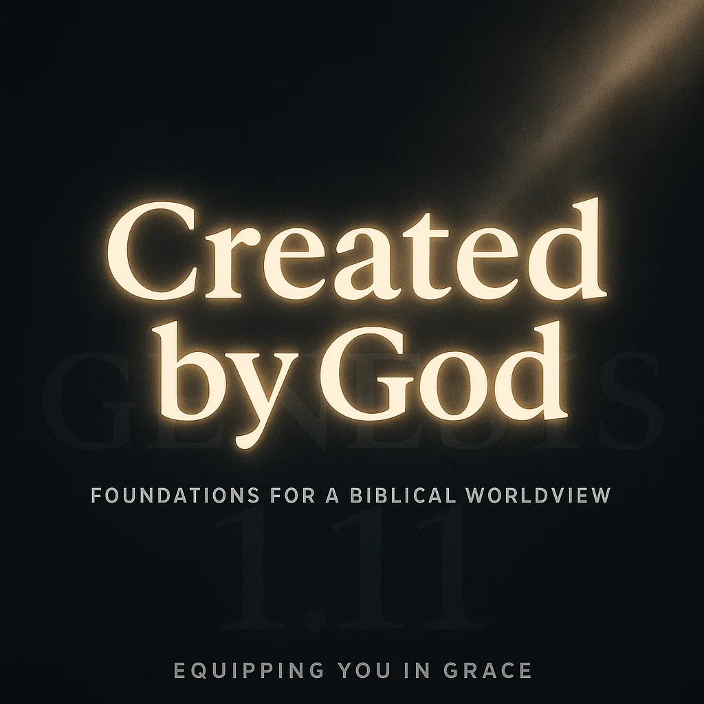 Dark background thumbnail with glowing text ‘Created by God – Foundations for a Biblical Worldview,’ light breaking through darkness representing Genesis 1, with Equipping You in Grace branding at the bottom.