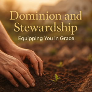 Hands tending soil with warm light in background, text reads ‘Dominion and Stewardship, Equipping You in Grace.’ Represents faithful biblical stewardship in everyday life