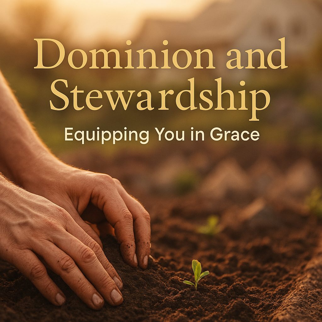 Hands tending soil with warm light in background, text reads ‘Dominion and Stewardship, Equipping You in Grace.’ Represents faithful biblical stewardship in everyday life