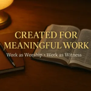 An open Bible on a wooden desk with soft natural window light, with the words “Created for Meaningful Work — Work as Worship · Work as Witness.”