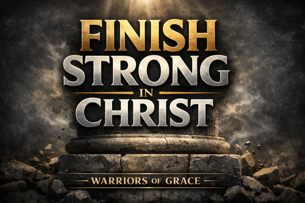 Finish Strong in Christ: Building a Life of Resolve That Endures 4 Warriors of Grace podcast thumbnail with bold gold and silver text reading “Finish Strong in Christ” over a dramatic stone pillar and cracked foundation background, conveying strength, endurance, and biblical resolve.