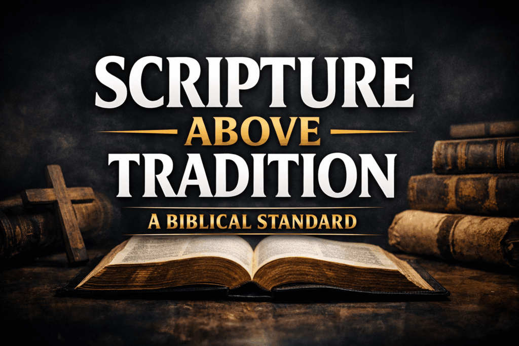 Thumbnail with bold text reading “Scripture Above Tradition — A Biblical Standard” over an open Bible with stacked old books in the background, symbolizing the authority of Scripture over church tradition.