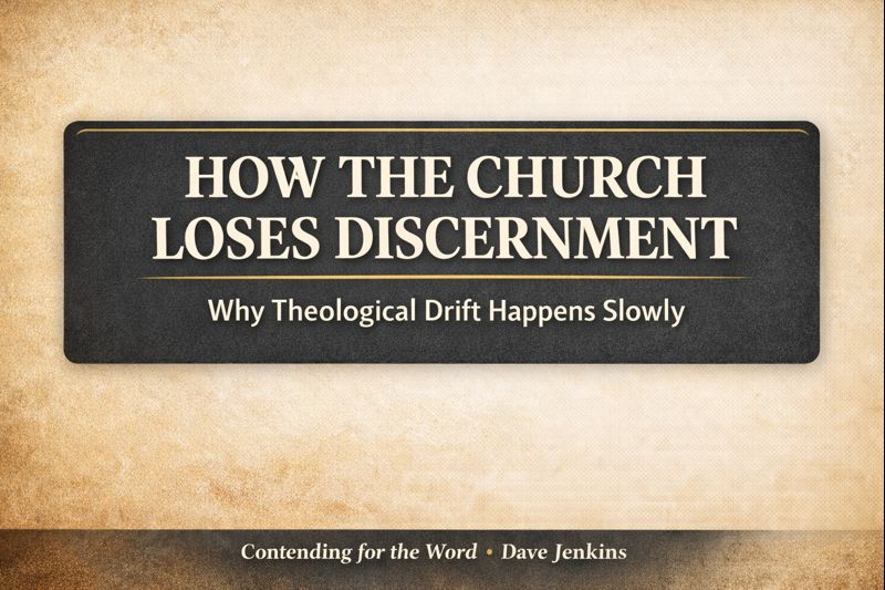 YouTube thumbnail with the text “How the Church Loses Discernment: Why Theological Drift Happens Slowly” displayed in bold serif lettering on a dark charcoal banner over a warm parchment background, with the footer “Contending for the Word • Dave Jenkins.