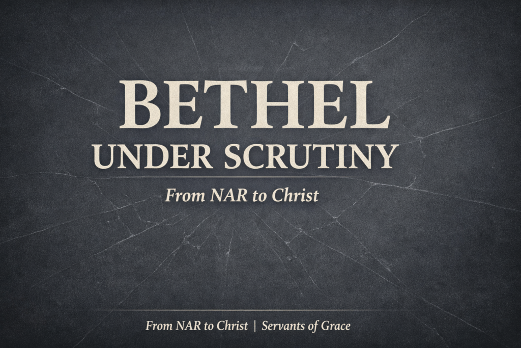 Bethel Under Scrutiny: A Biblical Response to Prophetic Teaching and Accountability Concerns 1 YouTube thumbnail with the words ‘BETHEL UNDER SCRUTINY’ in large parchment-colored text over a deep charcoal background with subtle cracked-glass texture, and the subtitle ‘From NAR to Christ’ with small bottom branding ‘From NAR to Christ | Servants of Grace.