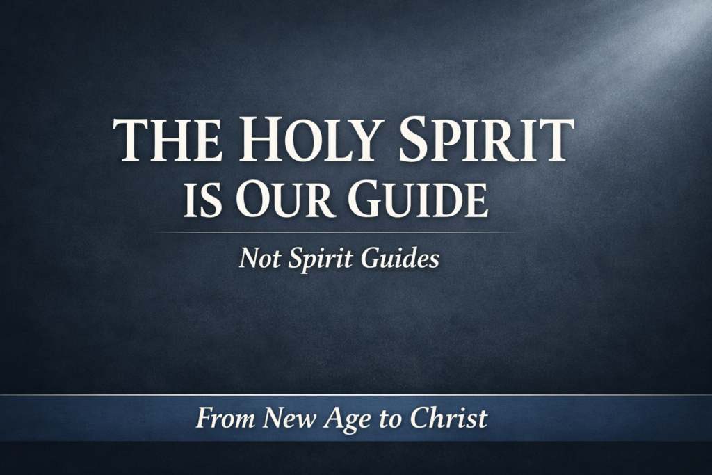 Christian YouTube thumbnail with a deep charcoal-blue background and soft light breaking through the upper corner. Large white serif text reads “THE HOLY SPIRIT IS OUR GUIDE” with smaller text underneath reading “Not Spirit Guides.” A bottom branding strip says “From New Age to Christ.