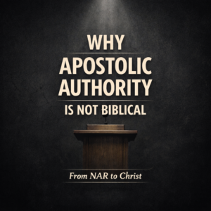 “YouTube thumbnail reading ‘Why Apostolic Authority Is Not Biblical’ with a dark charcoal background, spotlighted wooden pulpit, and the subtitle ‘From NAR to Christ.’”