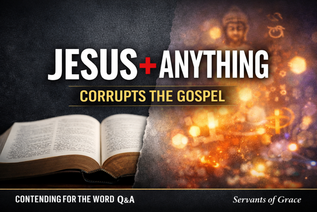 YouTube thumbnail for Contending for the Word Q&A featuring bold text ‘Jesus + Anything Corrupts the Gospel’ over a split background with an open Bible on one side and blurred cultural spiritual imagery on the other.