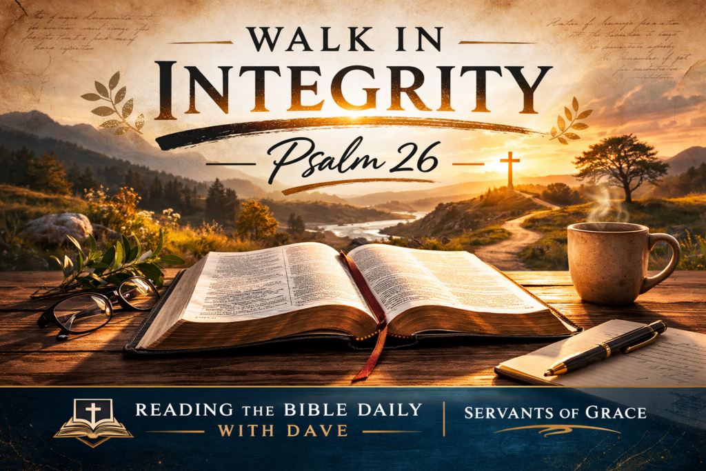Psalm 26 devotional thumbnail reading ‘Walk in Integrity’ with an open Bible on a wooden desk, warm parchment background, and Reading the Bible Daily with Dave | Servants of Grace branding.