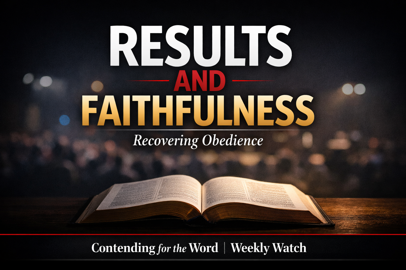 Thumbnail with the text “Results and Faithfulness: Recovering Obedience” over a dark charcoal background, featuring a softly lit open Bible in the foreground and a blurred crowd with stage lights behind it, branded Contending for the Word Weekly Watch.
