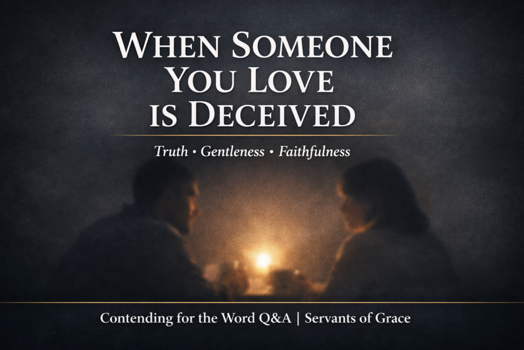 Podcast thumbnail with deep charcoal background showing two soft, out-of-focus silhouettes in quiet conversation with a warm light between them. Large white serif text reads “WHEN SOMEONE YOU LOVE IS DECEIVED” with smaller sub-line “Truth • Gentleness • Faithfulness.” Bottom bar reads “Contending for the Word Q&A | Servants of Grace.”
