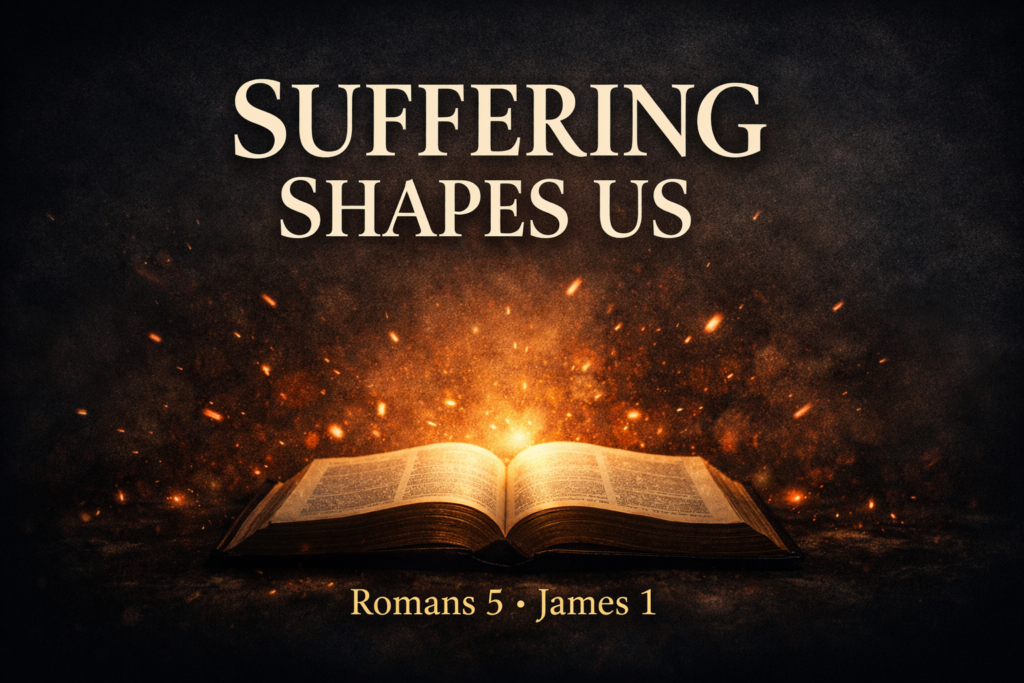 Open Bible illuminated by warm light and embers with the words “Suffering Shapes Us,” symbolizing how God uses trials to refine and strengthen Christian faith.