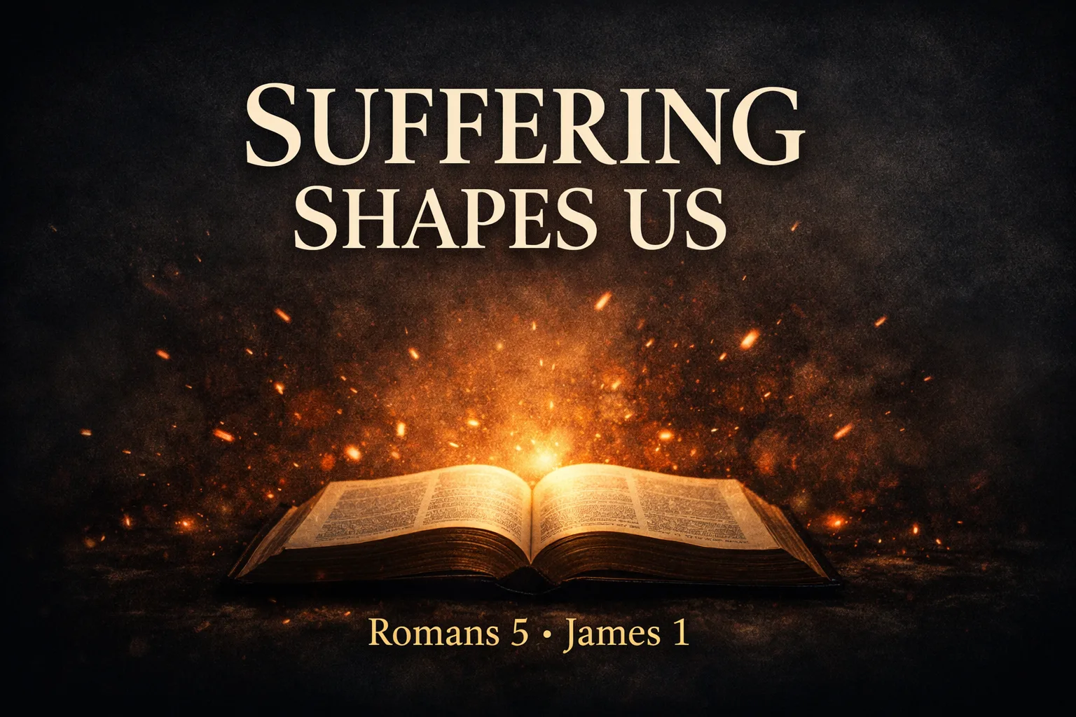 Open Bible illuminated by warm light and embers with the words “Suffering Shapes Us,” symbolizing how God uses trials to refine and strengthen Christian faith.