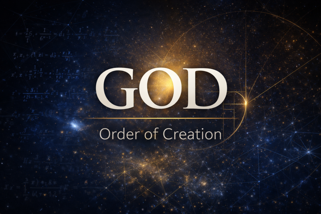 Thumbnail for “The Mind of God: Mathematics and Creation” featuring bold serif text over a deep blue cosmic background with subtle geometric and mathematical patterns symbolizing the order of creation and God’s design.